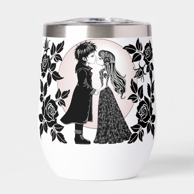 Cute Gothic Emo Kids Kiss Valentine's Day  Thermal Wine Tumbler (Front)