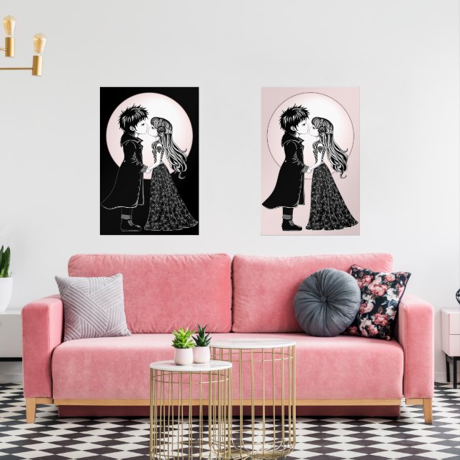 Cute Gothic Emo Kids Kiss Valentine's Day  Wall Art Sets (Livingroom)