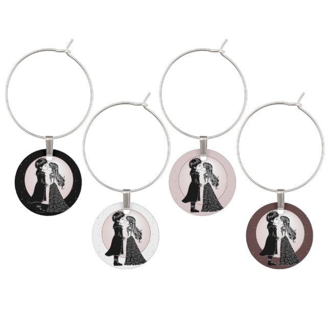 Cute Gothic Emo Kids Kiss Valentine's Day  Wine Charm (Staggered)
