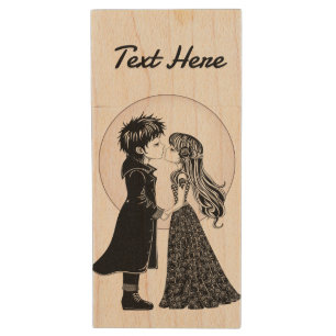 Cute Gothic Emo Kids Kiss Valentine's Day  Wood Flash Drive