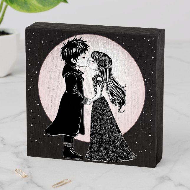 Cute Gothic Emo Kids Kiss Valentine's Day  Wooden Box Sign (In Situ Horizontal)