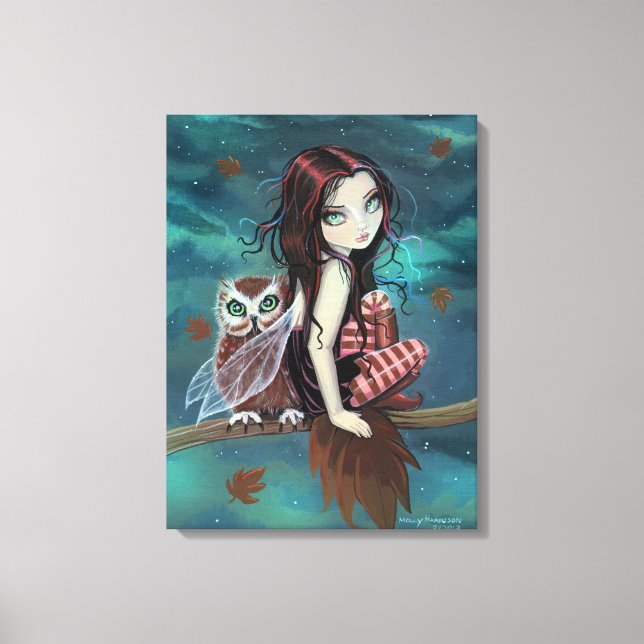 Cute Gothic Fairy and Owl Fantasy Art Canvas Print (Front)