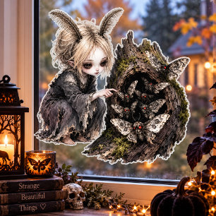 Cute Gothic Feather Antenna Girl & Moths Halloween Window Cling
