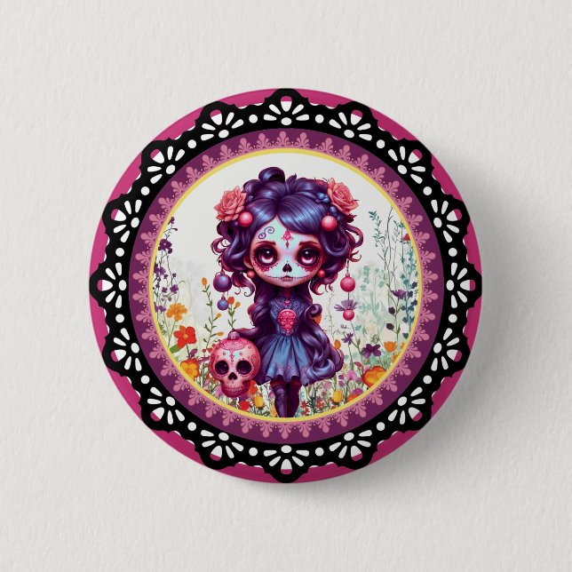 Cute Gothic Garden Sugar Skull  Button (Front)