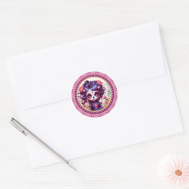 Cute Gothic Garden Sugar Skull  Classic Round Sticker (Envelope)