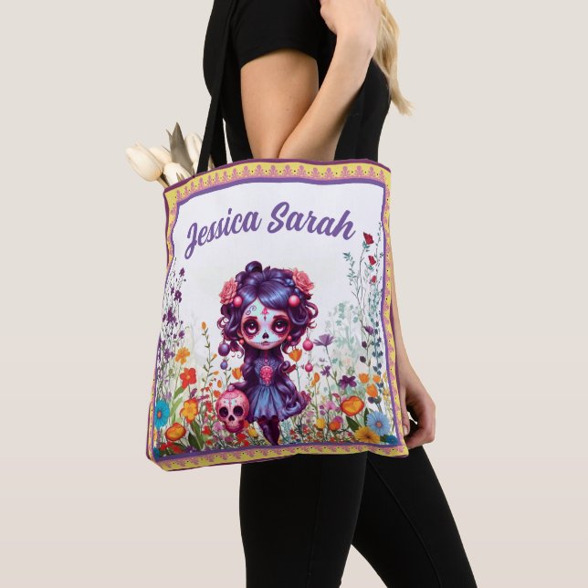 Cute Gothic Garden Sugar Skull  Tote Bag (Close Up)
