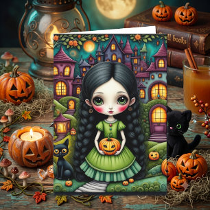 Cute Gothic Girl Pumpkin Halloween Coloring Page Card