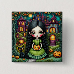 Cute Gothic Girl Pumpkin Halloween Village Button