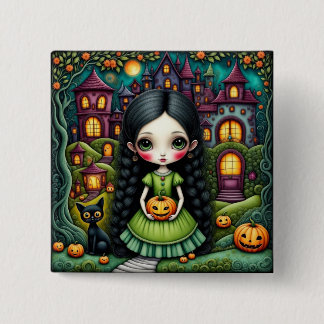 Cute Gothic Girl Pumpkin Halloween Village Button