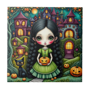 Cute Gothic Girl Pumpkin Halloween Village Ceramic Tile