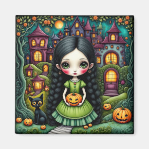 Cute Gothic Girl Pumpkin Halloween Village Magnet