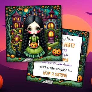 Cute Gothic Girl Pumpkin Party Halloween Invite