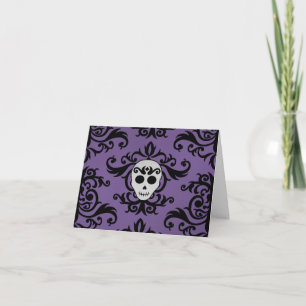 Cute gothic glam girly skull damask black purple letterpress thank you card