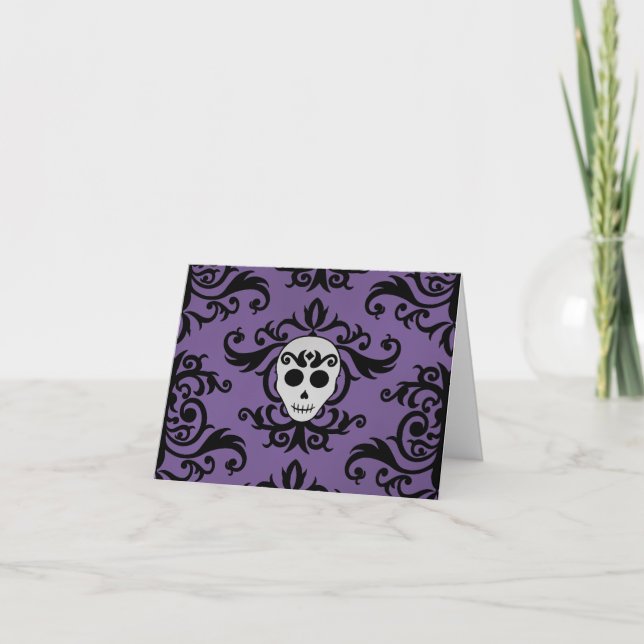Cute gothic glam girly skull damask black purple thank you card (Front)