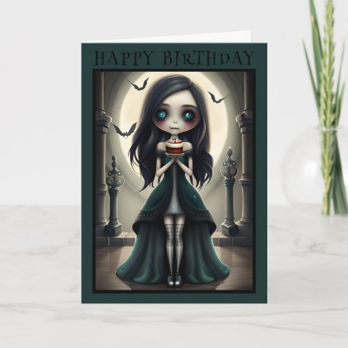 Cute gothic goth girl Halloween birthday card 