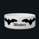 Cute Gothic Halloween bat Bowl<br><div class="desc">Cute Halloween black bat silhouettes surround a personalized cat food bowl that you can personalize with your cat's name. This would be perfect for all those Goth kitties out there. More Gothic pet accessories can be found in my store.</div>