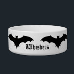Cute Gothic Halloween bat Bowl<br><div class="desc">Cute Halloween black bat silhouettes surround a personalized cat food bowl that you can personalize with your cat's name. This would be perfect for all those Goth kitties out there. More Gothic pet accessories can be found in my store.</div>