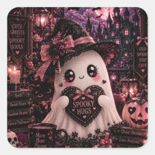 Cute Gothic Pink Ghost Halloween Spooky Hugs Dark Square Sticker