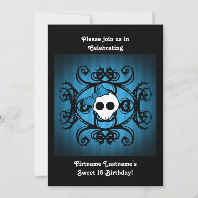 Cute gothic skull blue and black 5x7 sweet 16 invitation (Front)