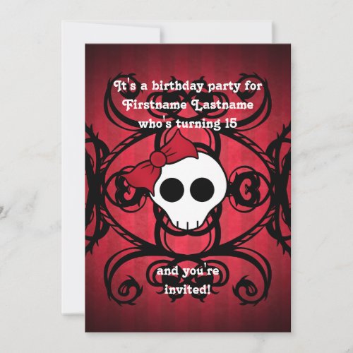 Cute gothic skull on red and black 5x7 birthday invitation