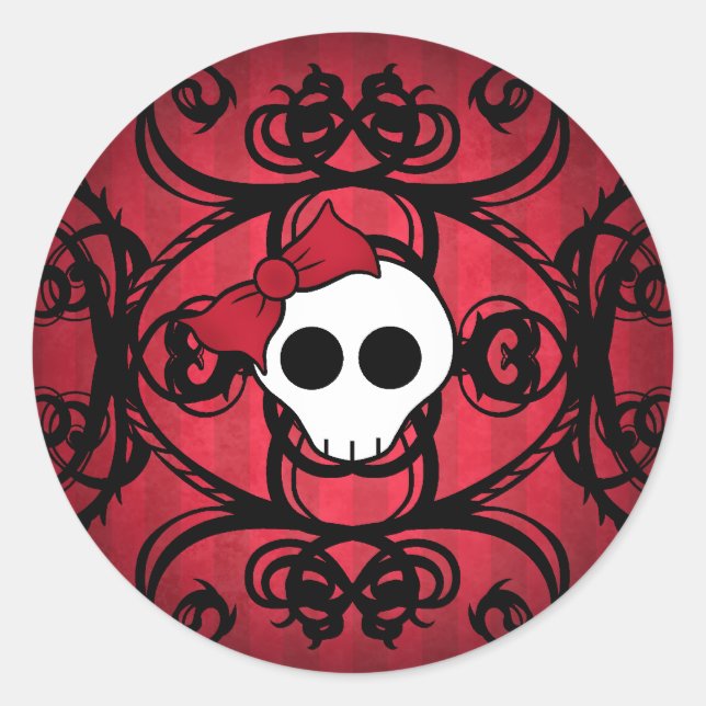 Cute gothic skull on red and black classic round sticker (Front)