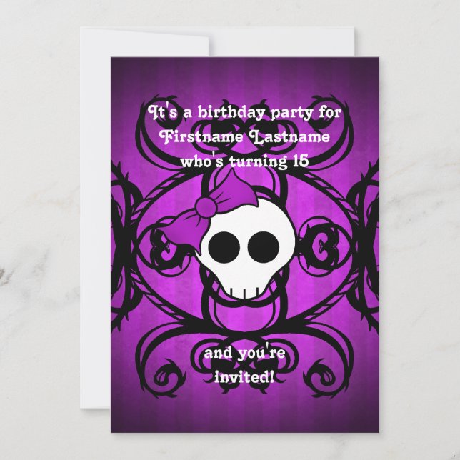 Cute gothic skull purple and black 5x7 birthday invitation (Front)