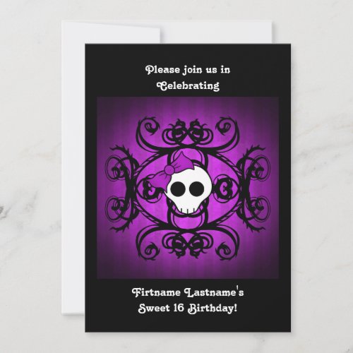 Cute gothic skull purple and black 5x7 sweet 16 personalized invitation