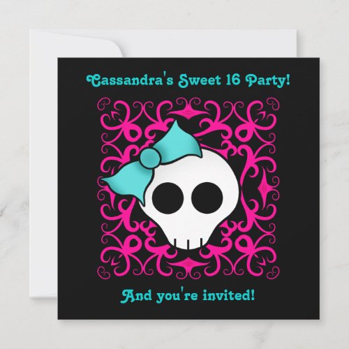 Cute gothic skull sweet 16 birthday party invites