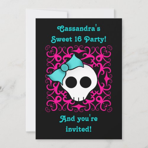 Cute gothic skull sweet 16 birthday party invitation