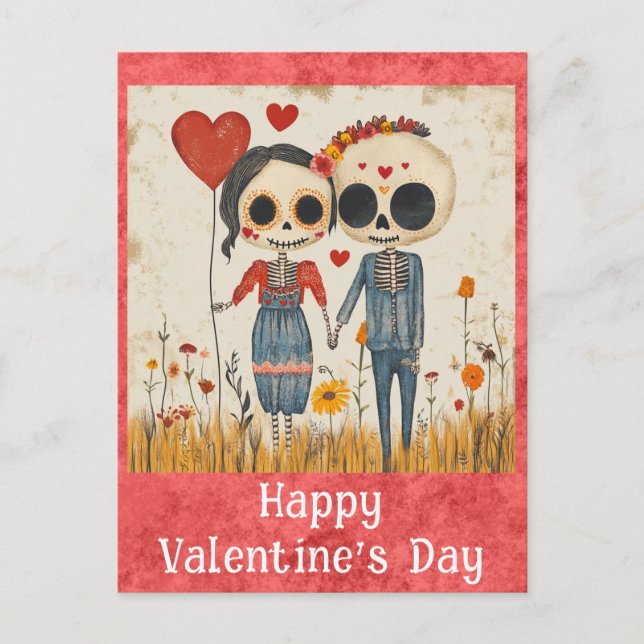 Cute Gothic Valentines Day Skeleton Couple Postcard (Front)