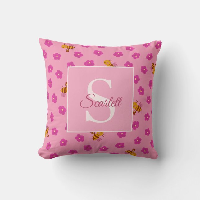 Cute Gouache Bee & Flowers Monogram Name Throw Pillow (Front)
