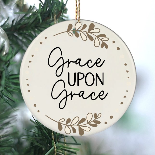Cute Grace Upon Grace Script Typography Christian Ceramic Ornament (Grace Upon Grace Golden Brown Leaves and Dots Scripty Typography Ceramic Ornament.)
