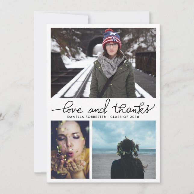 Cute Graduate Love And Thanks Script Three Photos Invitation (Front)