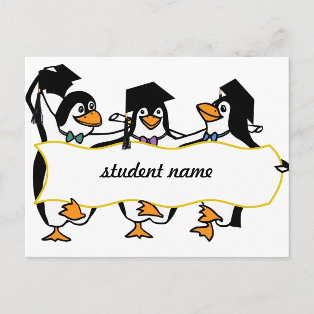 Cute Graduating Penguins w/Banner Announcement Postcard (Front)