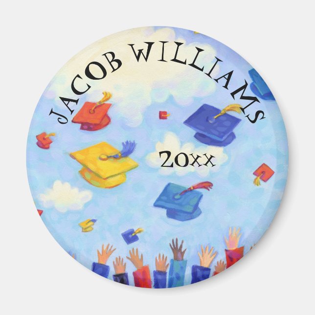 Cute Graduation Cap Toss Add Name and Year Magnet (Front)
