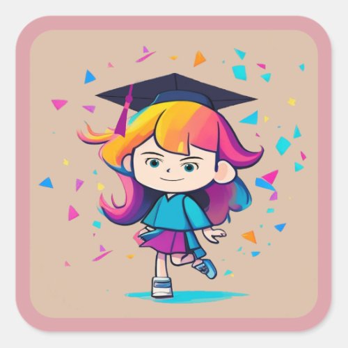 Cute Graduation Cartoon Graduate Girl With Topper  Square Sticker