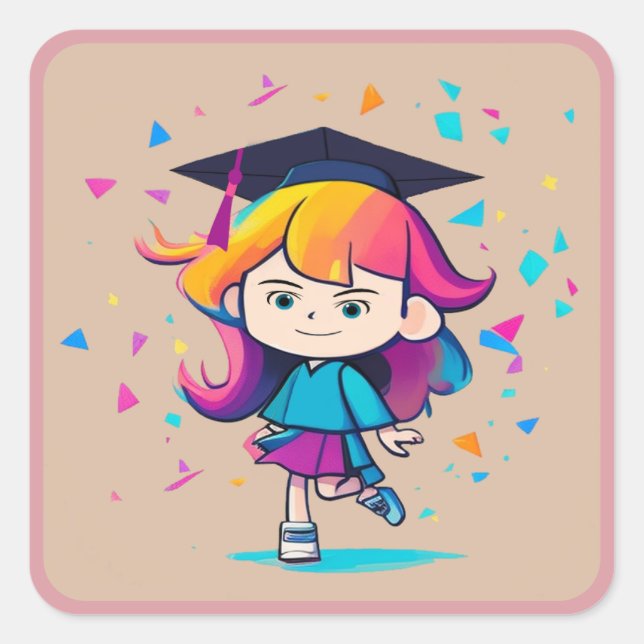 Cute Graduation Cartoon Graduate Girl With Topper  Square Sticker (Front)