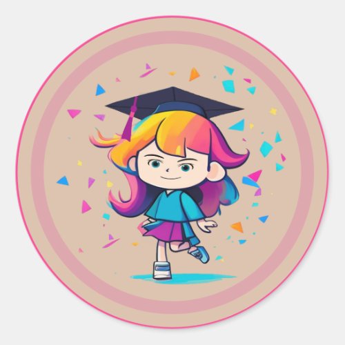 Cute Graduation Class 2023 Cartoon Girl Graduate Classic Round Sticker