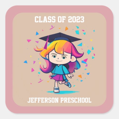 Cute Graduation Class 2024 Cartoon Girl Graduate Square Sticker