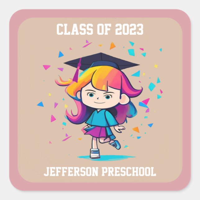 Cute Graduation Class 2025 Cartoon Girl Graduate Square Sticker (Front)