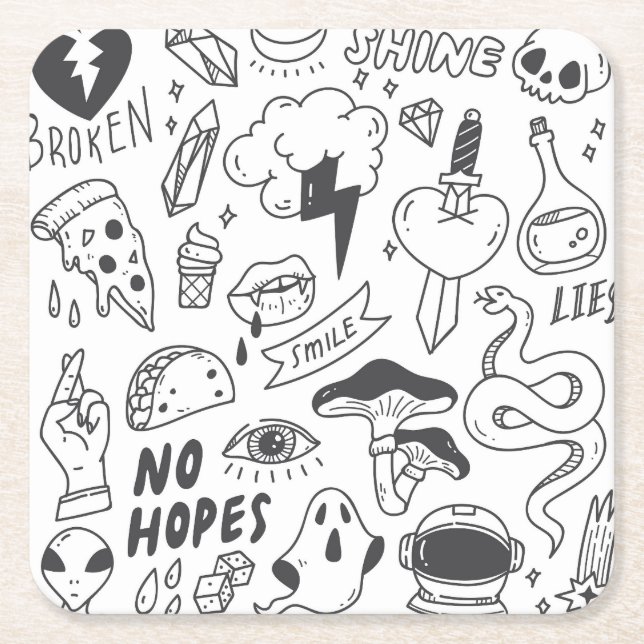 Cute Graffiti: Doodle Art Set. Square Paper Coaster (Front)