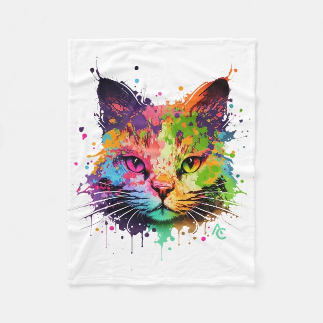 Cute Graffiti Neon Ink Splash Cat Fleece Blanket (Front)