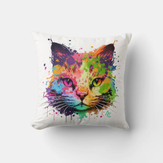 Cute Graffiti Neon Ink Splash Cat Poster Throw Pillow