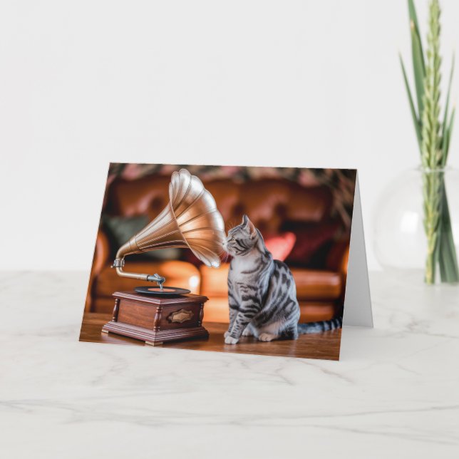 Cute Gramophone Tabby Greeting Card (Front)