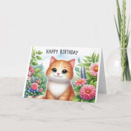 Cute Granddaughter Cat and Flowers Greeting Card