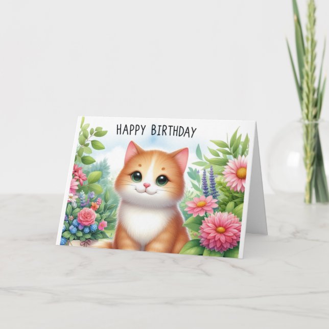 Cute Granddaughter Cat and Flowers Greeting Card (Front)