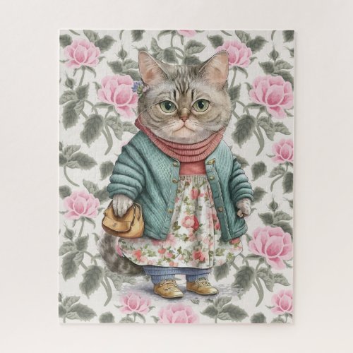 Cute Grandma Cat Pink Floral Apron Sweater Jigsaw Puzzle