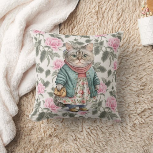 Cute Grandma Cat Pink Floral Apron Sweater Throw Pillow
