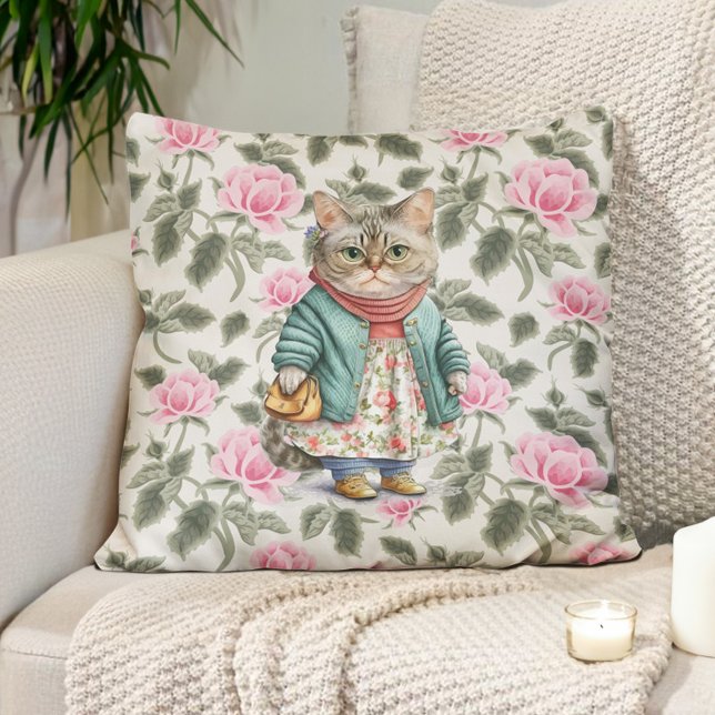 Cute Grandma Cat Pink Floral Apron Sweater Throw Pillow (Cute little old lady cat vintage painting pillow with pretty pink flowers. )