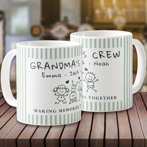 Cute Grandma Crew Custom Names Sage Green  Stripe Coffee Mug